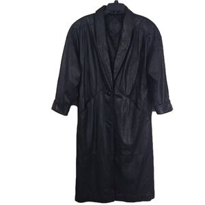 Jacqueline Ferrar Black Genuine Leather Shawl Collar Button Front Trench Coat